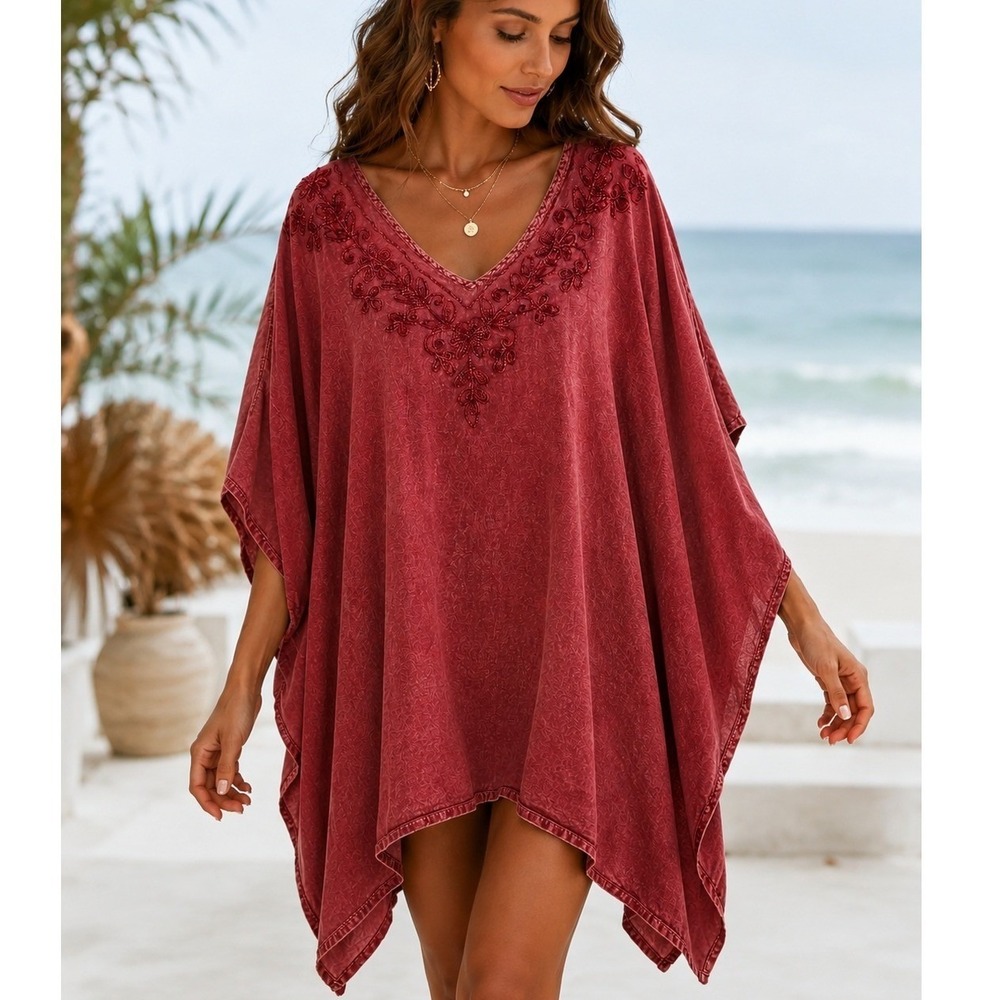 NWT Beach By Exist Cover Up Women's One Size Rose Pink Embroidered Poncho Tunic